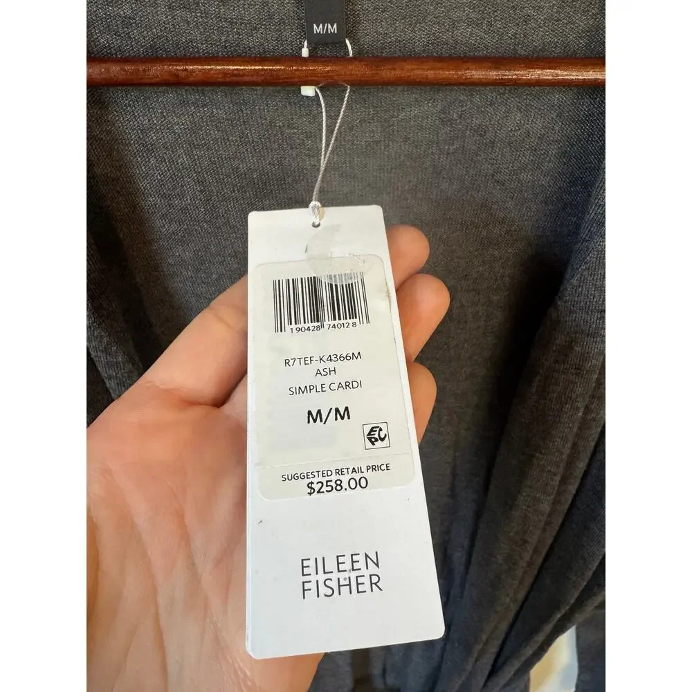 EILEEN FISHER NWT Belted Simple Cardi Sweater Ash Grey Cotton Silk Blend Cozy